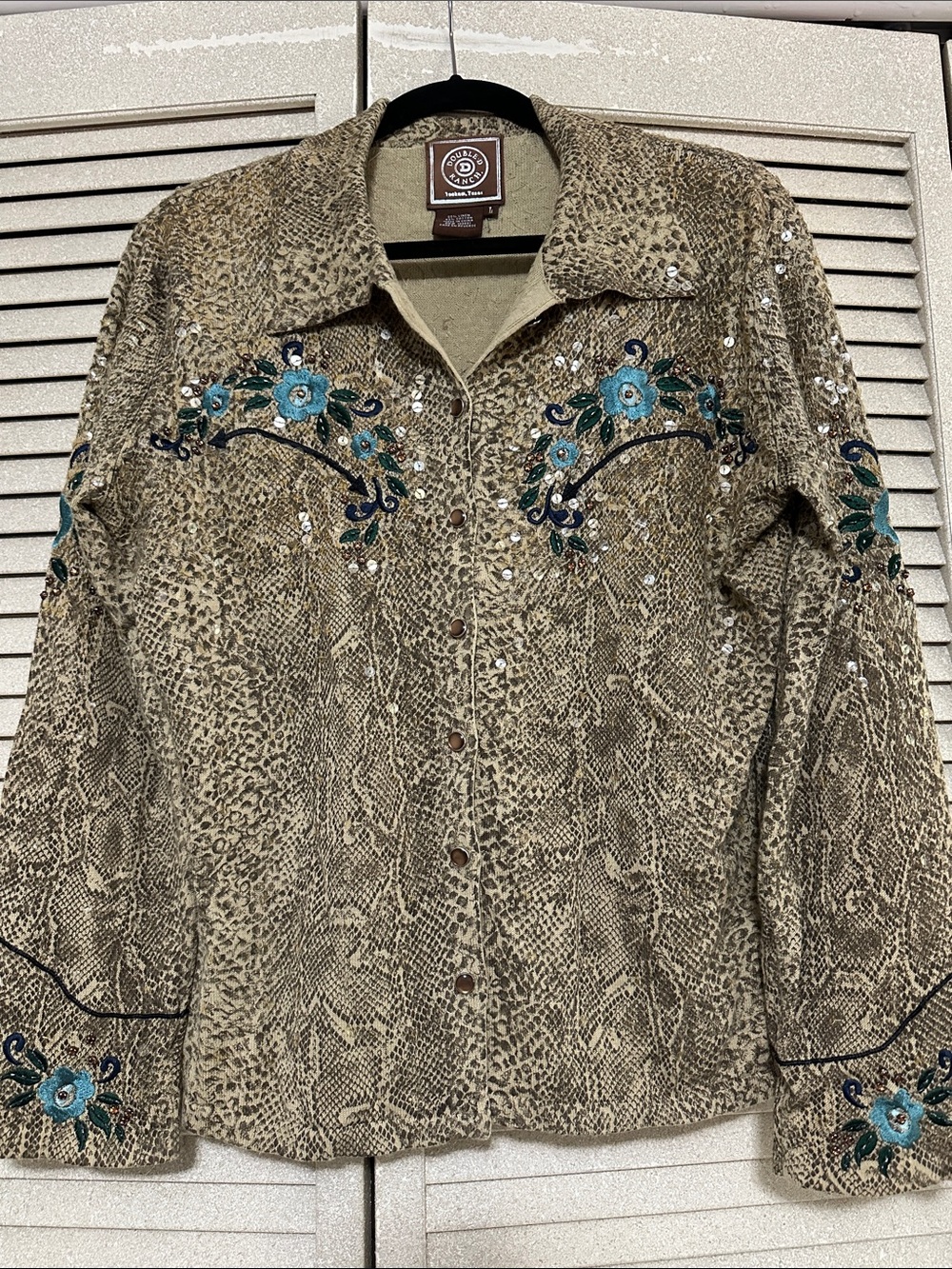 Double D Ranch Tan Snakeskin Western Shirt with Teal Floral Embroidery L